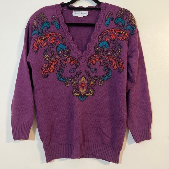 Norton McNaughton Sweater Women S Purple Floral Vintage Boho Western Granny 80s - Picture 3 of 12